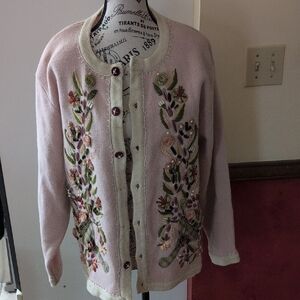 Embroidered Pink Cardigan Sweater